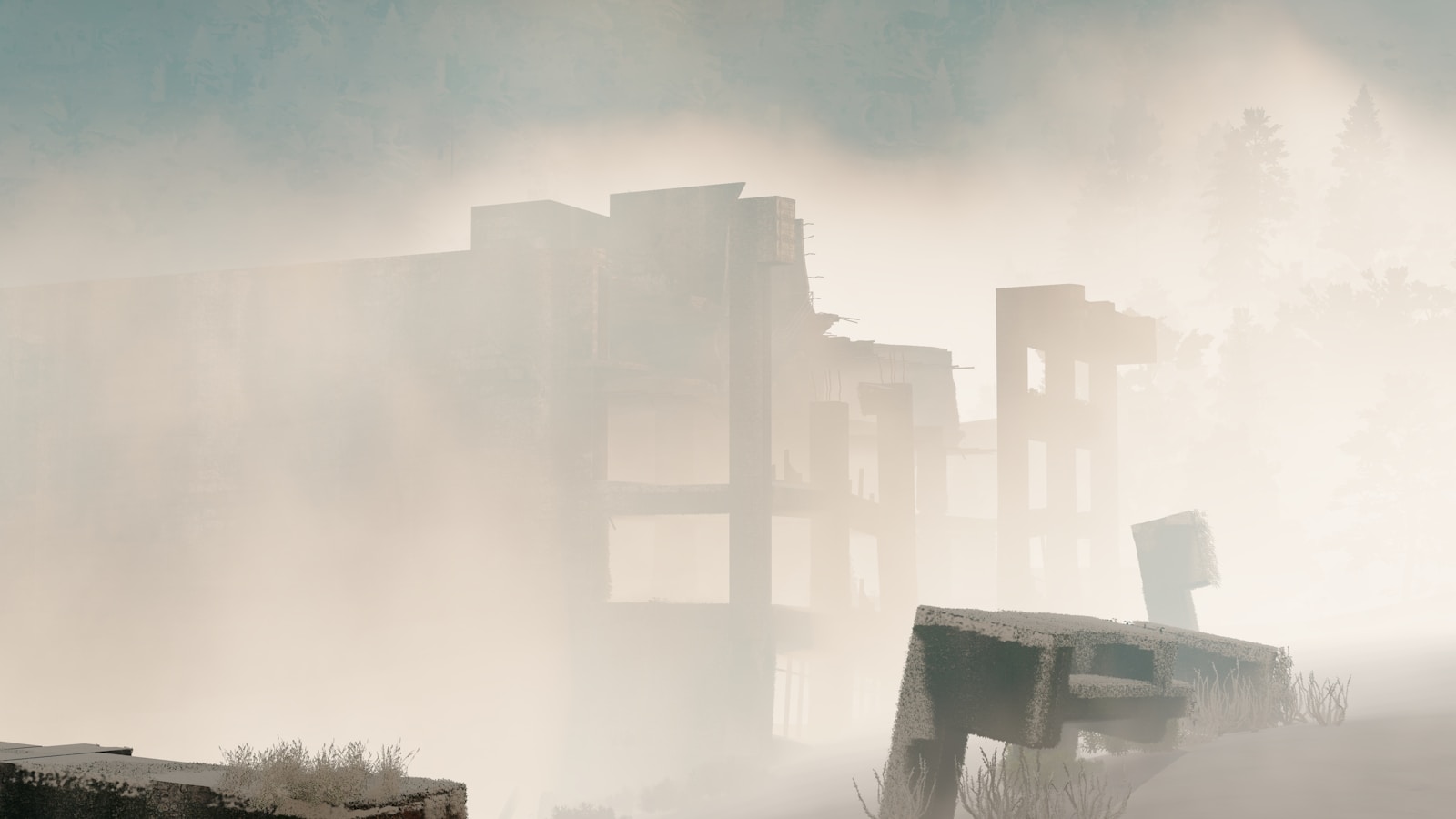 a foggy landscape with a building in the distance