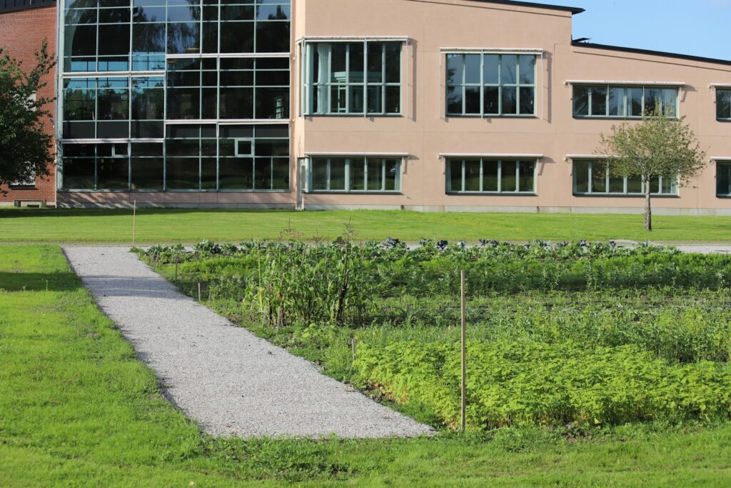 A building with a walkway in front of it