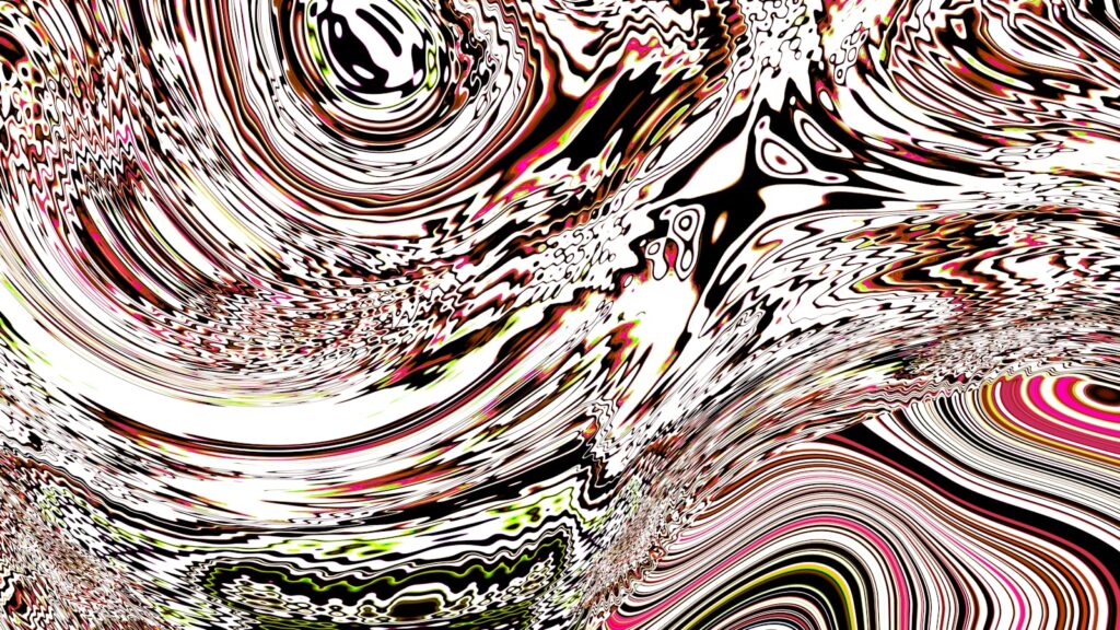 Abstract swirling patterns with white, red, and black.