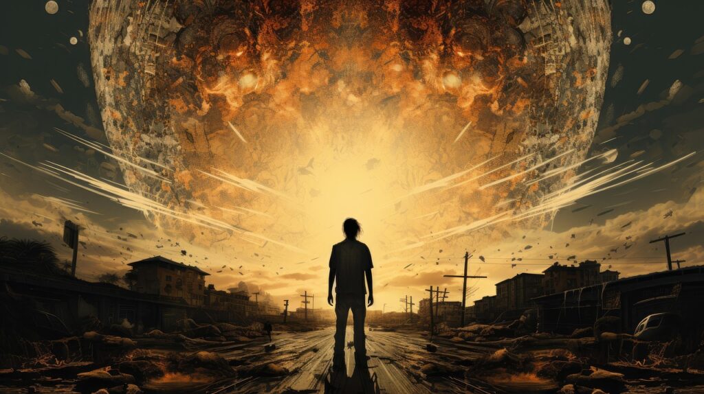 man, apocalypse, ai generated, landscape, ruins, destruction, war, armageddon, disaster, sci-fi, science fiction, dream, nightmare, town, abandoned